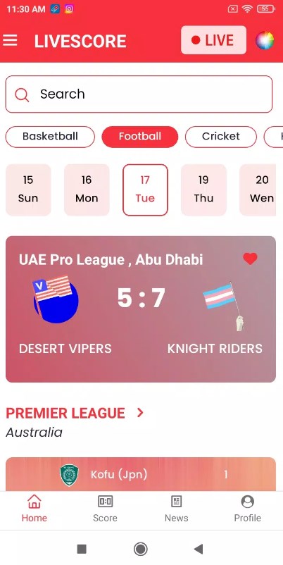 Live Score Sport app latest version  1.0.2 screenshot 1